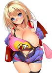  bag bangs black_bra black_legwear blonde_hair blue_eyes bra breasts collarbone cowboy_shot eyebrows_visible_through_hair gen_(black_factory) highres huge_breasts looking_at_viewer navel original simple_background sketch smile solo thigh_gap underwear white_background 