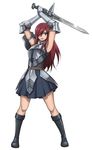  absurdres armor armpits arms_up black_footwear boots erza_scarlet fairy_tail full_body greaves hair_over_one_eye highres holding holding_sword holding_weapon knee_boots legs_apart long_hair official_art parted_lips red_eyes red_hair simple_background skirt solo sword two-handed weapon white_background 