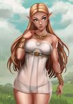  adapted_costume black_panties blonde_hair blue_eyes bracelet breasts dandon_fuga gold jewelry lingerie long_hair looking_to_the_side medium_breasts necklace nightgown panties pointy_ears princess_zelda see-through smile solo the_legend_of_zelda the_legend_of_zelda:_breath_of_the_wild underwear 