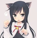  :o animal_ears asashio_(kantai_collection) bell black_hair blush brown_eyes cat_ears collarbone commentary curled_fingers highres jingle_bell kantai_collection kayuma kemonomimi_mode long_hair looking_at_viewer open_mouth paw_pose paw_print remodel_(kantai_collection) simple_background solo v-shaped_eyebrows 