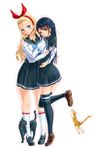  animal black_cat black_hair blonde_hair blue_eyes brown_eyes cat highres kazeno looking_at_viewer multiple_girls original school_uniform serafuku simple_background 