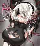  armpits arms_up black_dress blindfold blush body_modification breasts cable cleavage cleavage_cutout clenched_teeth commentary_request dress heavy_breathing large_breasts nier_(series) nier_automata nose_blush restrained saliva segami_daisuke short_hair silver_hair solo sweat teeth torn_clothes trembling upper_body yorha_no._2_type_b 