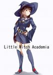 bangs blunt_bangs boots brown_hair contrapposto copyright_name hands_on_hips hat kagari_atsuko knee_boots little_witch_academia looking_at_viewer red_eyes shirowa smile solo standing thighs white_background wide_sleeves witch witch_hat 