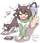  2017 all_fours animal_ears black_hair blue_shorts blush cat cat_day cat_ears cat_tail closed_eyes dated fang fish_hair_ornament green_sweater hair_ornament hairclip handheld_game_console hikawa_shou hood hooded_sweater long_sleeves mii-chan official_art open_mouth paw_print shinozaki-san_ki_wo_otashikani short_hair short_shorts shorts signature simple_background solo stretch sweater tail whiskers white_background yawning 