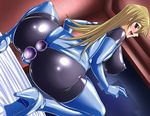  1girl ass bed blonde_hair blush breasts female game_cg hajime_shindo huge_ass huge_breasts latex latex_suit latex_thighhighs leotard long_hair looking_at_viewer looking_back nipples purple_eyes shiny shiny_clothes smile spread_anus spread_pussy tenjouin_asuka thong_leotard yu-gi-oh! yuu-gi-ou_gx 