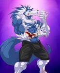  2017 abs anthro biceps blood blue_fur canine capcom claws clothing darkstalkers fangs fur hungothenomster jon_talbain male mammal muscular pecs solo teeth video_games were werewolf wolf 