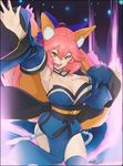  animal_ears artist_name blue_legwear bow breasts cleavage dated detached_sleeves fate/extra fate_(series) fox_ears fox_tail hair_bow hair_ribbon japanese_clothes large_breasts long_hair masato_(mirai_koubou) multiple_tails open_mouth pink_hair ribbon solo tail tamamo_(fate)_(all) tamamo_no_mae_(fate) yellow_eyes 