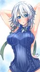 armpits arms_up back backless_outfit bangs bare_arms blue_eyes blush braid breasts commentary_request eyebrows eyebrows_visible_through_hair eyes_visible_through_hair grey_hair hair_between_eyes hair_ribbon highres izayoi_sakuya large_breasts maid_headdress meme_attire open_mouth parted_lips ribbon shiny shiny_skin short_hair simple_background solo sui-sakura sweater touhou virgin_killer_sweater 