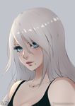 bare_shoulders black_shirt blue_eyes breasts character_name cleavage closed_mouth collarbone deviantart_username eyebrows_visible_through_hair eyelashes hair_between_eyes howlingneko lips long_hair medium_breasts mole mole_under_mouth nier_(series) nier_automata nose pink_lips portrait shirt silver_hair sleeveless solo tank_top upper_body yorha_type_a_no._2 
