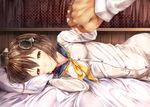  blurry brown_eyes brown_hair depth_of_field dress headgear highres holding_hands kantai_collection looking_at_viewer lying neckerchief on_side out_of_frame pillow pov pov_hands sailor_dress short_hair smile sugiyuu yellow_neckwear yukikaze_(kantai_collection) 
