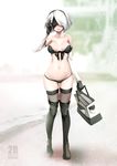  bag bare_shoulders bikini black_bikini black_gloves black_legwear blindfold blush breasts cleavage full_body gloves hairband large_breasts mole mole_under_mouth navel nier_(series) nier_automata short_hair smile solo souryu standing swimsuit thighhighs towel white_hair yorha_no._2_type_b 