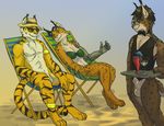  alcohol beach beverage bottomless bow_tie clothed clothing cocktail dialogue ear_piercing eyewear feline female glasses hat letigre lynx lysander male mammal nude outside piercing public seaside smile sunglasses thestory tiger tigerlynx vaskan_(character) vest waiter 