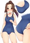  adjusting_clothes adjusting_swimsuit ass ass_visible_through_thighs bangs blue_swimsuit blush breasts brown_eyes brown_hair cleavage close-up collarbone cowboy_shot hand_up jintsuu_(kantai_collection) kantai_collection large_breasts long_hair looking_at_viewer multiple_views old_school_swimsuit one-piece_swimsuit parted_bangs parted_lips plum_(arch) ponytail school_swimsuit simple_background swimsuit tied_hair wedgie white_background 