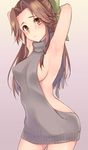  alternate_costume armpits arms_behind_head backless_dress backless_outfit bare_back breasts brown_eyes brown_hair covered_nipples cowboy_shot dress from_side green_ribbon hair_intakes halterneck jintsuu_(kantai_collection) kantai_collection long_hair looking_at_viewer medium_breasts meme_attire naked_sweater plum_(arch) ponytail purple_background ribbon sleeveless sleeveless_turtleneck solo sweater sweater_dress turtleneck turtleneck_sweater virgin_killer_sweater 