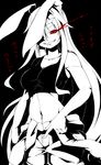  animal_ears bare_shoulders black_background breasts bunny_ears burning_eye clothes_around_waist highres jumpsuit large_breasts long_hair midriff monochrome navel red_eyes reisen_udongein_inaba smile solo spot_color takeu thick_eyebrows touhou translated very_long_hair 