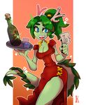  anthro blue_eyes bottle chinese_clothing chinese_dress clothed clothing dragon dress eastern_dragon female green_hair hair horn kaliptro looking_at_viewer ponytail scalie smile solo waiter 