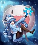  :d absurdres alternate_costume alternate_skin_color black_gloves black_legwear blue_eyes braid gloves hat highres holding holding_staff league_of_legends lee_seok_ho long_hair looking_at_viewer low-tied_long_hair lulu_(league_of_legends) naver_username no_shoes open_mouth pantyhose poro_(league_of_legends) signature smile staff twin_braids twintails watermark web_address winter_wonder_lulu yordle 