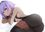  ass bangs black_legwear breasts eyebrows_visible_through_hair fate/prototype fate/prototype:_fragments_of_blue_and_silver fate_(series) halterneck hassan_of_serenity_(fate) i.u.y looking_at_viewer lying on_side pantyhose parted_lips purple_eyes purple_hair shadow short_hair sidelocks simple_background small_breasts solo thighs white_background 