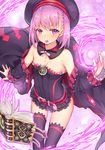  bare_shoulders book breasts detached_sleeves fate/grand_order fate_(series) hakuishi_aoi hat helena_blavatsky_(fate/grand_order) looking_at_viewer open_mouth purple_eyes purple_hair short_hair small_breasts solo spell strapless thighhighs tree_of_life 
