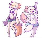  2017 :3 amphibian anthro axolotl belly belt bikini blush breasts cleavage clothed clothing crop_top cute digital_media_(artwork) duo eyelashes female grindzone happy looking_at_viewer midriff navel salamander shirt shorts simple_background slightly_chubby smile standing swimsuit under_boob webbed_hands white_background wide_hips 