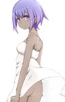  ass bangs blush breasts closed_mouth cowboy_shot dark_skin dress dress_lift eyebrows_visible_through_hair fate/prototype fate/prototype:_fragments_of_blue_and_silver fate_(series) from_behind hassan_of_serenity_(fate) i.u.y looking_at_viewer looking_back no_panties purple_eyes purple_hair short_hair sidelocks simple_background small_breasts solo sundress white_background white_dress wind wind_lift 