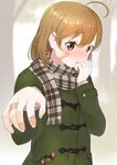  ahoge bandaged_fingers bandages bandaid bandaid_on_face blush brown_eyes brown_hair commentary_request crab hand_on_own_chin jacket kantai_collection long_sleeves looking_at_viewer masukuza_j oboro_(kantai_collection) open_mouth outstretched_arm scarf short_hair solo 