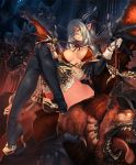  1girl beast_dominator black_legwear boots breasts cleavage frown gloves hair_between_eyes high_heels holding horns large_breasts legs legs_together long_hair looking_at_viewer looking_down monster night official_art pointy_ears shadowverse sidelocks silver_hair sitting sitting_on_object sleeve_cuffs thigh_boots thighhighs thighs tsunekun whip wings yellow_eyes 