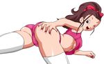  1girl absurdres amaguri_cocoa ass ass_grab breasts brown_hair dragon_ball dragon_ball_super female hair_ornament happy light-skinned light-skinned_female long_hair looking_back nail_polish one_eye_closed ponytail skin_tight thighhighs thighs tied_hair underboob wink 