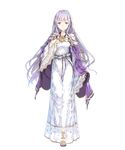  cape detached_sleeves dress fire_emblem fire_emblem:_seisen_no_keifu fire_emblem_heroes full_body haimura_kiyotaka hand_on_own_chest highres long_hair looking_at_viewer official_art purple_eyes purple_hair sandals smile solo standing tiara transparent_background wide_sleeves yuria_(fire_emblem) 