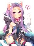  ? animal_ears animal_hood blush braid cape cat_ears cat_tail chestnut_mouth collar commentary_request fate/grand_order fate_(series) hood kemonomimi_mode leotard long_hair looking_at_viewer medusa_(lancer)_(fate) paw_pose purple_eyes purple_hair red_collar rider sazaki_ichiri simple_background solo spoken_question_mark tail thighhighs thighs very_long_hair 