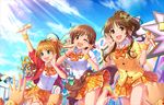  artist_request bangs blue_sky blush bow brown_eyes brown_hair checkered checkered_skirt clothes_around_waist cloud day green_eyes hair_bow hair_ornament hairclip hino_akane_(idolmaster) honda_mio idol idolmaster idolmaster_cinderella_girls idolmaster_cinderella_girls_starlight_stage long_hair looking_at_viewer microphone multiple_girls music official_art one_eye_closed open_mouth outdoors pins pleated_skirt ponytail positive_passion school_uniform shirt shoes short_hair singing skirt sky sneakers stage sweater sweater_around_waist sweatshirt takamori_aiko white_shirt 