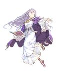  book breasts cape detached_sleeves dress fire_emblem fire_emblem:_seisen_no_keifu fire_emblem_heroes full_body haimura_kiyotaka highres holding jewelry long_hair looking_away medium_breasts official_art purple_eyes purple_hair sandals solo tiara transparent_background wide_sleeves yuria_(fire_emblem) 