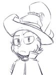  2016 anthro big_eyes big_head black_and_white bust_portrait cape cheek_tuft clothed clothing cute digital_drawing_(artwork) digital_media_(artwork) front_view frown fur half-closed_eyes hat head_tuft league_of_legends looking_at_viewer mammal monochrome portrait riot_games robes scar signature simple_background sketch solo standing teemo_(lol) toony tuft veigar veigar-chan video_games white_background wizard_hat yordle 