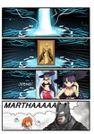  2girls 4koma ? batman batman_(series) batman_v_superman:_dawn_of_justice bikini blue_eyes brown_hair cellphone choker collarbone comic commentary crossover crying crying_with_eyes_open dc_comics fate/grand_order fate_(series) fujimaru_ritsuka_(female) gameplay_mechanics hat highres holding long_hair magic_circuit multiple_girls namesake navel phone purple_hair saint_martha saint_martha_(swimsuit_ruler)_(fate) setia_pradipta short_hair smartphone spoken_question_mark streaming_tears sun_hat swimsuit tears 