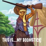  alorix anthro applejack_(mlp) army_of_darkness blonde_hair clothing friendship_is_magic gun hair hat muscular my_little_pony ranged_weapon shotgun text torn_clothing weapon 