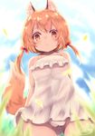  :&lt; ahoge animal_ear_fluff animal_ears ass_visible_through_thighs bare_arms bare_shoulders blue_sky blurry blush bow cameltoe chita_(ketchup) closed_mouth collarbone day depth_of_field dress eyelashes fox_ears fox_girl fox_tail frilled_dress frills from_below grass hair_bow highres looking_at_viewer low_twintails original outdoors panties pantyshot pantyshot_(standing) petite red_bow red_eyes shiny shiny_hair signature sky sleeveless sleeveless_dress solo standing sundress tail tareme twintails underwear white_dress white_panties 