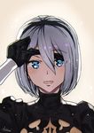  :d ashiomi_masato black_dress blindfold blindfold_lift blue_eyes blush dress hairband looking_at_viewer mole mole_under_mouth nier_(series) nier_automata open_mouth short_hair smile solo yorha_no._2_type_b 