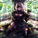  black_dress black_gloves black_legwear blindfold breasts cleavage cleavage_cutout commentary_request cuffs dress facing_viewer full_body gloves hairband kneeling large_breasts long_sleeves masayoshi mole mole_under_mouth nier_(series) nier_automata open_mouth restrained shackles short_hair silver_hair solo thighhighs yorha_no._2_type_b 