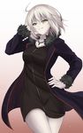  arm_up black_coat black_dress breasts cape coat collarbone cowboy_shot denpa_(denpae29) dress eyebrows_visible_through_hair fate/grand_order fate_(series) fur-trimmed_cape fur_trim gradient gradient_background hair_between_eyes hand_in_hair hand_on_hip head_tilt highres jeanne_d'arc_(alter)_(fate) jeanne_d'arc_(fate)_(all) jewelry long_sleeves looking_at_viewer medium_breasts necklace open_clothes open_coat pale_skin pendant short_dress short_hair silver_hair standing teeth wicked_dragon_witch_ver._shinjuku_1999 yellow_eyes 
