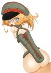  10s 1girl anus arms_behind_back ass ball_gag bdsm blonde_hair blue_eyes blush bound female flat_chest gag hair_between_eyes hat heart heart-shaped_pupils looking_at_viewer looking_back mikunido202 military_hat simple_background solo symbol-shaped_pupils tanya_degurechaff tears white_background youjo_senki 