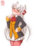  alternate_costume amatsukaze_(kantai_collection) ascot blush brown_eyes commentary_request cosplay dated fate/grand_order fate_(series) hair_tubes highres kanon_(kurogane_knights) kantai_collection long_hair looking_at_viewer nose_blush olga_marie_animusphere olga_marie_animusphere_(cosplay) pantyhose pleated_skirt red_legwear silver_hair simple_background sketch skirt solo sweat two_side_up white_background 