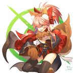  :d animal_ears artist_name bad_id bad_twitter_id bangs black_legwear bow commentary_request detached_sleeves eyebrows_visible_through_hair fang fate/grand_order fate_(series) fox_ears fox_girl fox_tail hair_between_eyes hair_bow japanese_clothes kimono kimono_skirt koyoi_mitsuki large_bow open_mouth paws pink_hair ponytail red_bow signature simple_background smile solo sparkle tail tamamo_(fate)_(all) tamamo_cat_(fate) teeth thick_eyebrows thighhighs v-shaped_eyebrows white_background yellow_eyes 