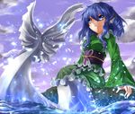  blue_eyes blue_hair drill_hair frilled_kimono frills green_kimono head_fins highres japanese_clothes kimono long_sleeves matsufox mermaid monster_girl obi sash sidelocks sitting splashing touhou wakasagihime 