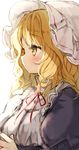  bangs blonde_hair blush close-up closed_mouth eyebrows_visible_through_hair frills from_side hat long_hair maribel_hearn mob_cap neck_ribbon piyokichi ribbon simple_background solo touhou upper_body white_background white_hat yellow_eyes 