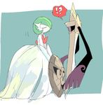  aegislash bad_id bad_pixiv_id closed_eyes facing_another floating from_side full_body gardevoir gen_3_pokemon gen_6_pokemon green_hair holding_shield imminent_kiss jkwaipa0926 looking_at_another mega_gardevoir mega_pokemon no_humans one-eyed pokemon pokemon_(creature) purple_eyes shield sketch slit_pupils standing surprised sword weapon 