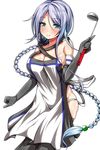 alternate_costume apron ar_(lover_boy) black_gloves blue_eyes blush braid breasts cleavage clenched_hand commentary_request elbow_gloves eyebrows_visible_through_hair gloves highres kantai_collection ladle large_breasts long_hair looking_at_viewer naked_apron no_bra no_panties sideboob silver_hair single_braid smile solo umikaze_(kantai_collection) very_long_hair 