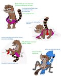  anthro avian balls bird blue_jay brown_fur cartoon_network clothed clothing corvid crossdressing dirty_talk duo fur male male/male mammal mordecai_(regular_show) open_mouth penis raccoon regular_show rigby_(regular_show) sex simple_background 