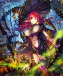  1girl breasts cygames garter_belt garter_straps gradient_hair hat holding lantern large_breasts long_hair looking_at_viewer multicolored_hair navel official_art outdoors pointy_ears purple_hair red_eyes red_hair shadowverse solo thighhighs two-tone_hair witch_hat yui_(niikyouzou) 