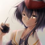 asymmetrical_hair black_hair brown_eyes close-up dated hair_between_eyes headphones headphones_removed highres i-13_(kantai_collection) kantai_collection looking_at_viewer open_mouth sailor_collar seiya_(iiseven) short_hair signature solo upper_body white_background 