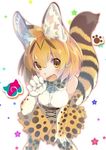  animal_ears animal_print bare_shoulders blonde_hair blush bow bowtie commentary_request elbow_gloves extra_ears fang gloves hand_on_thigh high-waist_skirt japari_symbol kemono_friends leaning_forward looking_at_viewer open_mouth paw_print serval_(kemono_friends) serval_ears serval_print serval_tail shirt short_hair simple_background skirt sleeveless sleeveless_shirt solo standing tail thighhighs transpot_nonoko white_background white_shirt yellow_eyes 